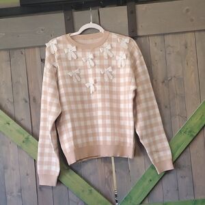 Tan Crew Neck Sweater with Decorative Embellishments